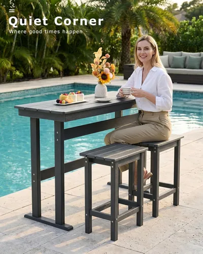 Miniatura 2 de Juego de 2 mesas y sillas de altura de barra de HDPE para exteriores, incluye mesa y sillas de patio superior, juego de bar de patio exterior
