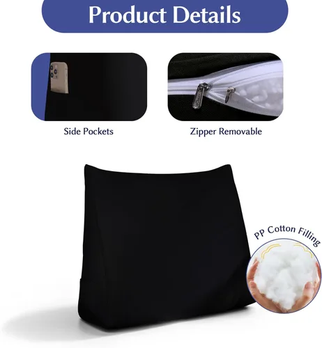 Miniatura 4 de WOWMAX Almohada de espalda para cama sentada, almohada de cuña para respaldo de cama y sofá, 85% lino y 15% mezcla de algodón, color negro