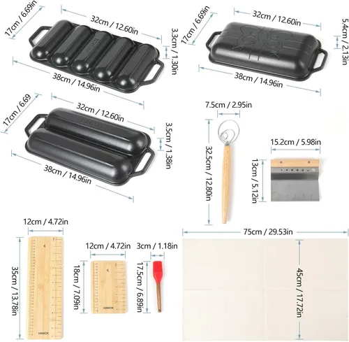 Miniatura 2 de HAWOK Pan de baguette de hierro fundido pre-sazonado, juego de hornear 3 en 1 con bandeja completa de baguette, mini bandeja de 5 ranuras y bandeja
