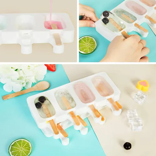 Miniatura 6 de Ouddy moldes de silicona para paletas con tapa, 2 moldes para paletas para niños, 4 cavidades, moldes ovalados para helados con 50 palitos