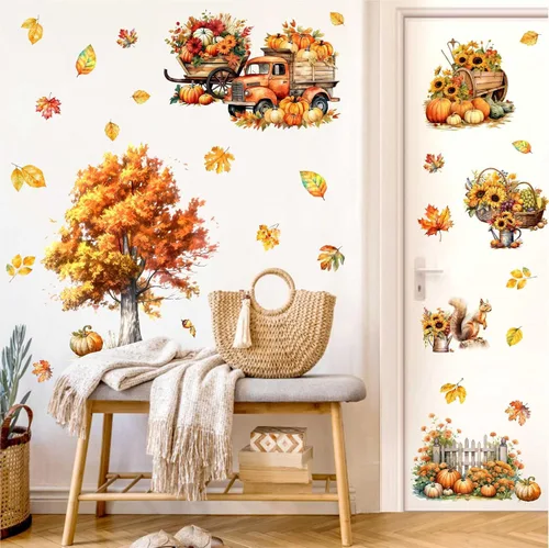 Miniatura 7 de Calcomanías de pared de árbol de arce, calcomanías de pared de otoño con hojas de otoño, calcomanías de pared de hojas de árbol amarillo