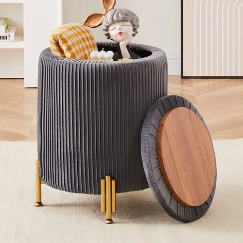 Miniatura 11 de Otomana Redonda Reposapiés con Almacenamiento y Patas de Metal para Sala de Estar y Dormitorio, Reposapiés Tapizado de Terciopelo Soporta 300 libras
