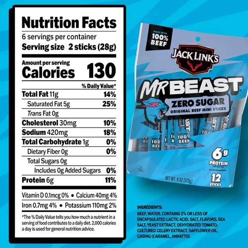 Miniatura 2 de Jack Link’s x MrBeast Mini Palitos de Ternera Sin Azúcar – 6g de Proteína por 2 Palitos de Carne Envueltos Individualmente, Hechos con 100% Ternera