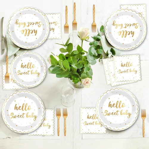 Miniatura 4 de ZOIIWA 96 piezas de platos y servilletas para fiesta "Hello Sweet Baby" - Decoraciones de baby shower blancas y doradas, juego de vajilla desechable