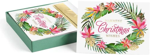 Miniatura 17 de Masterpiece - Tarjetas navideñas de palmeras festivas / 16 tarjetas navideñas de deseos más cálidos de invierno en caja con detalles plateados