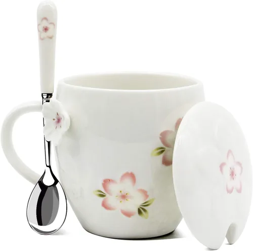 Taza de té Kawaii con tapa y cuchara, taza de café de flor de cerezo, bonita taza de té de cerámica, el mejor regalo para mujeres, ella, hermana,