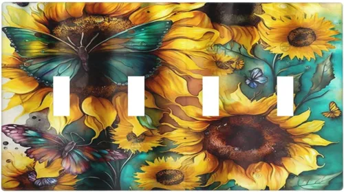 Miniatura 58 de Cubiertas de salida de girasoles amarillos, mariposas verdes y verde azulado de 1 banda, cubierta de interruptor de luz dúplex de 1 banda, placa
