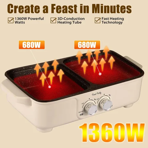 Miniatura 3 de Food Party Parrilla Eléctrica Hot Pot 2 en 1 Parrilla Coreana BBQ Interior Sin Humo Olla Eléctrica Hotpot Sahabu Shabu Pot Antiadherente (Pequeño)