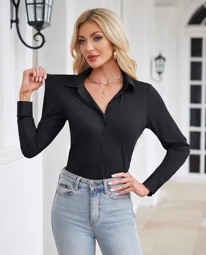 Miniatura 3 de siliteelon Camisa de manga larga con botones para mujer, estilo casual, para el trabajo, con elástico en 4 direcciones, sin arrugas