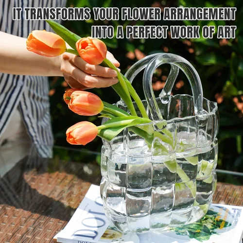 Miniatura 7 de NiHome Florero de cristal transparente con asa para flores, decoración de casa de campo, hecho a mano, jarrón de cristal de boca ancha para oficina