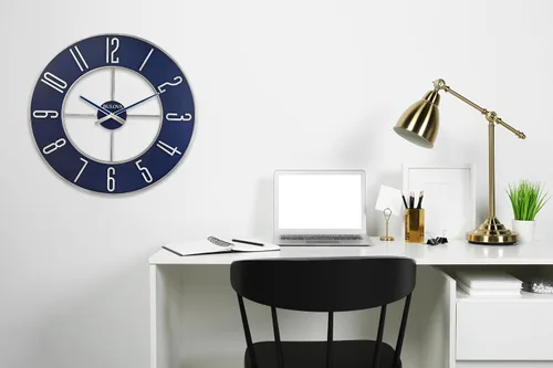 Miniatura 7 de Bulova Reloj de pared de gran tamaño de acero azul, modelo C4809, 27 pulgadas de diámetro, elegante acabado plateado y azul, diseño contemporáneo