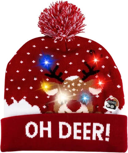 FCDECOR Gorro de Navidad con luces LED, 6 luces LED parpadeantes coloridas, gorro de punto con bonito estampado de ciervos para fiestas (unisex,