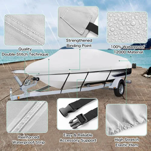 Miniatura 3 de Cubierta para Barco Impermeable de PU 1200D Resistente, 16'- 18.5' Lona de Poliéster de Grado Marino Remolcable, Se Adapta a Casco en V de 16-18.5