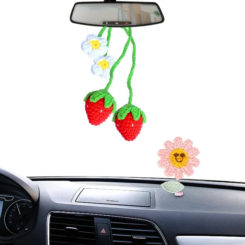 Miniatura 8 de Accesorios colgantes para espejo de automóvil, 2 piezas de ganchillo de fresa, accesorios de automóvil, lindos accesorios para espejo retrovisor