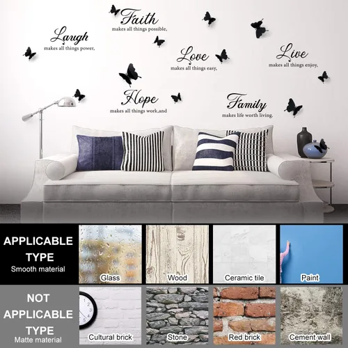 Miniatura 5 de Boao 6 calcomanías motivacionales de pared con 12 calcomanías de mariposa 3D con citas inspiradoras para decoración del hogar y la oficina (negro)