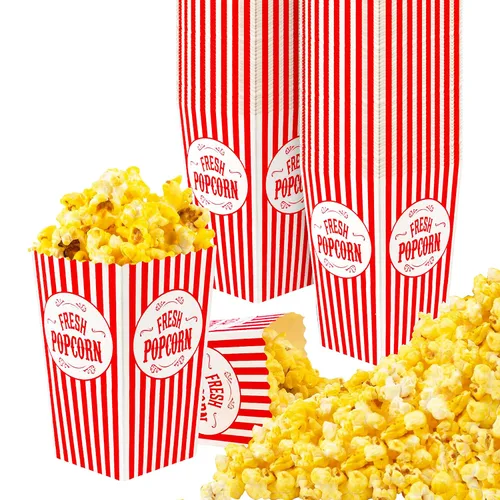 Stock Your Home Paquete de 25 cajas de palomitas de maíz desechables de cine a rayas rojas y blancas, capacidad de 30 onzas, caja de aperitivos