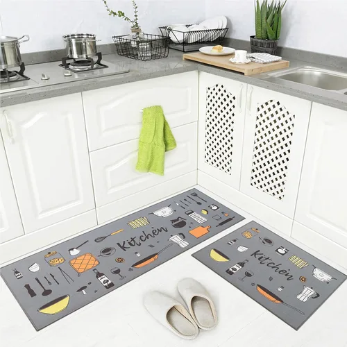 Miniatura 7 de Juego de 2 alfombras de cocina de 17 x 48 pulgadas + 17 x 24 pulgadas, tapetes antideslizantes lavables para suelo de cocina, 2 tapetes cómodos