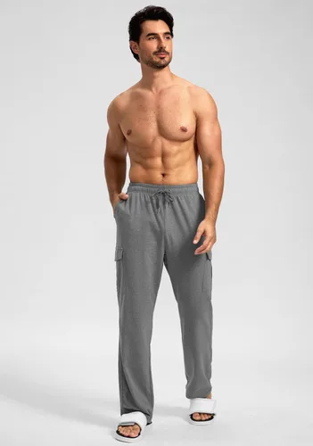 Miniatura 6 de Pudolla Pantalones deportivos de algodón para hombre con bolsillos tipo cargo, parte inferior abierta, pantalones de yoga para hombre, pantalones