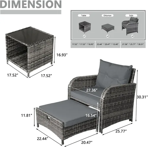 Miniatura 6 de Silla de Patio con Otomanas y Mesa, Juego de Muebles de Patio al Aire Libre de Ratán de Mimbre PE de 5 Piezas, Diseño que Ahorra Espacio Sillas