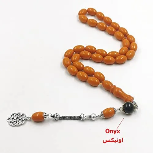 Miniatura 2 de Tasbih - Rosario musulmán de resina naranja con accesorios de piedra de ónix, pulsera de pavo, cuentas de oración islámica
