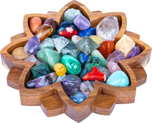 Bandeja de exhibición de cristal Lotus – Muestra tus gemas, piedras curativas y tesoros – Cuenco de madera para rocas de 8 x 8 pulgadas, soporte de