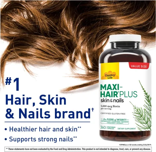 Miniatura 2 de Country Life Maxi-Hair Plus 5000 mcg de biotina, 360 cápsulas, certificado sin gluten, certificado vegetariano