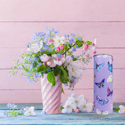Miniatura 2 de IchDich Vaso de mariposa con tapa y popote de 20 onzas, vaso aislado de acero inoxidable con diseño de mariposa morada, botella de agua, taza