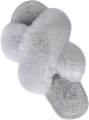 Parlovable Women's Cross Band Slippers Fuzzy Soft House Slippers Plush Furry Warm Cozy Open Toe Fluffy Home Shoes Comfy Indoor Outdoor Slip On