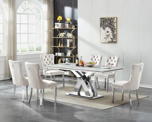 Miniatura 25 de Moderno juego de mesa de comedor de mármol para 4, juego de mesa de comedor de lujo para 4, mesa de comedor de mármol sintético de 68 pulgadas