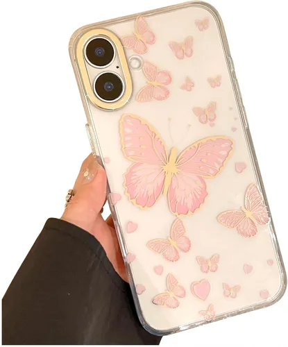 Miniatura 12 de Funda transparente con chispas brillantes para iPhone 15 Pro Max para mujeres y niñas, patrón de mariposas doradas, rosa y azul, funda protectora