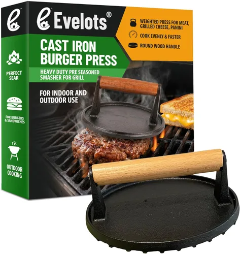 Evelots Prensa de hamburguesas de hierro fundido, trituradora de hamburguesas presazonada para parrilla, prensa pesada para carne, queso a la