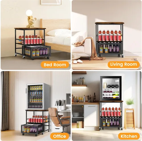 Miniatura 3 de Mini soporte móvil para refrigerador de 19.7 x 19.7 pulgadas con 3 almacenamientos, mesa pequeña para refrigerador de bebidas con ruedas, carrito