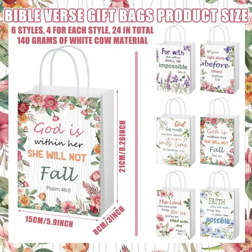 Miniatura 2 de Yeaqee 24 bolsas de regalo religiosas cristianas a granel con asas, 6 estilos reutilizables, flores religiosas, bautismo religioso, versículo