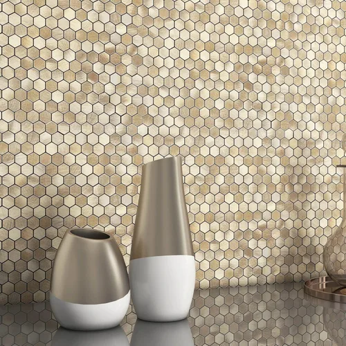 BeNice Azulejos de mosaico de cocina para despegar y pegar, calcomanías de metal pequeñas hexagonales (10 unidades, champán dorado)