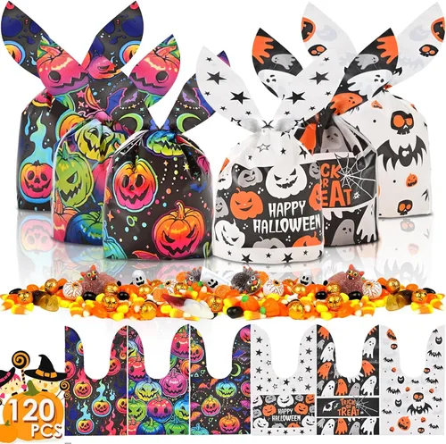 Miniatura 9 de AhfuLife 200 bolsas de celofán de Halloween, 8 diseños de bolsas de dulces transparentes de Halloween con lazos giratorios para golosinas o tratos