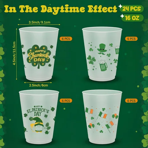 Miniatura 2 de 24 tazas de decoración de fiesta del Día de San Patricio que brillan en la oscuridad, vasos de plástico esmerilado de 16 onzas, vaso reutilizable