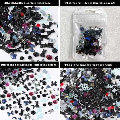Miniatura 6 de COOSLIM 110 dijes de uñas 3D para uñas acrílicas, flor de camelia, rosa, mariposa, lazo, corazón, oso, conejo, estrella, para diseños de uñas, Negro