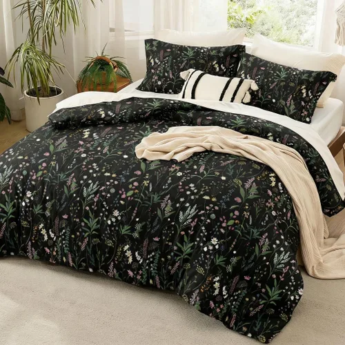 Miniatura 2 de Nayoroom Funda de edredón floral negra, tamaño Queen, funda de edredón de flores botánicas de primavera, 3 piezas, suave, ligera, juego de ropa