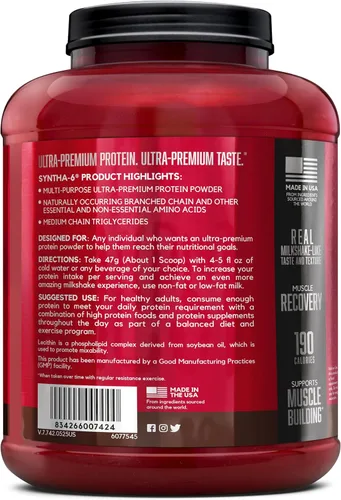 Miniatura 7 de BSN SYNTHA-6 Proteína de suero de leche en polvo con caseína micelar, aislado de proteína de leche, sabor a masa para pastel de chocolate, 48