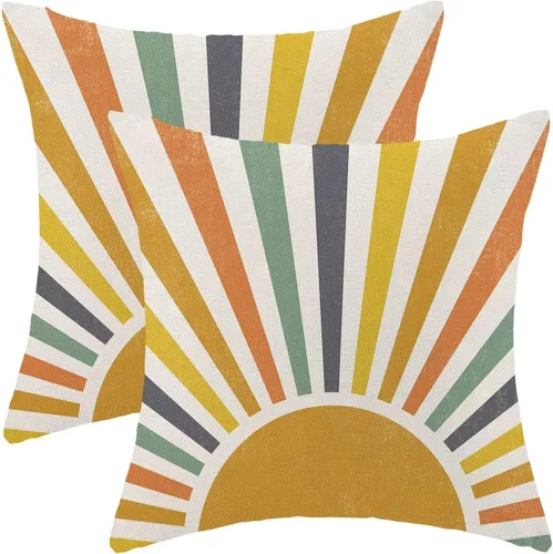 Miniatura 10 de AEIOAE Summer Sunshine - Juego de 2 fundas de almohada de 16 x 16 pulgadas, diseño de rayas amarillas, diseño bohemio, arco iris, sol