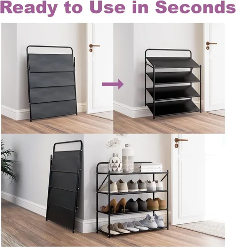 Miniatura 4 de Zapatero plegable de 4 niveles sin montaje, organizador de zapatos plegable sin instalación, estantes portátiles de metal sólido para armario