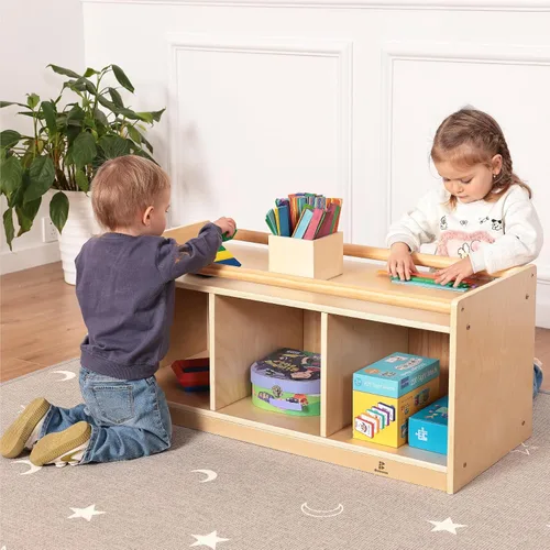 Miniatura 2 de Almacenamiento de juguetes para niños pequeños con respaldo de espejo, cubículos preescolares y guardería para bebés con 2 pasamanos de sujeción