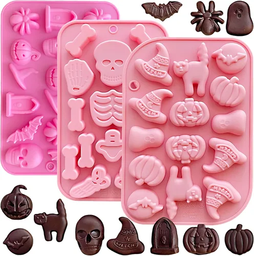 Moldes de silicona para Halloween, paquete de 3 con diseños de calabaza, calavera, esqueleto, fantasma, murciélago para hornear, chocolate, dulces,