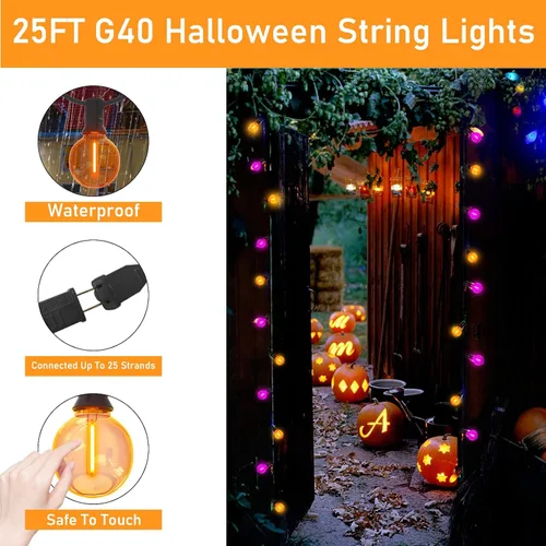 Miniatura 5 de Luces de Navidad Moradas y Naranjas, 25 pies, 27 unidades, luces de cadena LED G40 de Navidad, luces de decoración de interiores para patio al aire
