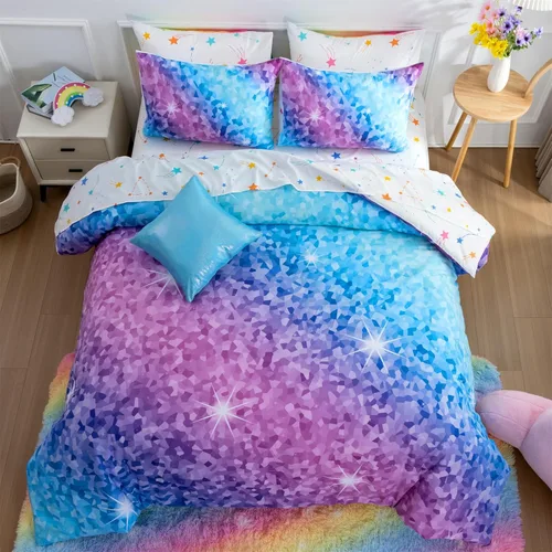 Miniatura 17 de A Nice Night Juego de Edredón para Niñas Tamaño Twin 6 Piezas Cama en una Bolsa Ropa de Cama 3D Colorida Brillante Galaxia Arcoíris
