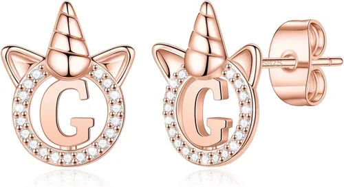 Regalos para el día de San Valentín para niños y niñas, aretes de plata de ley S925, chapados en orooro rosa, aretes de unicornio con circonita