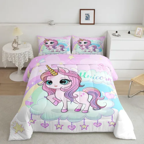 Miniatura 19 de Feelyou Juego de ropa de cama de unicornio para niñas, bonito edredón con purpurina de unicornio de dibujos animados arco iris para niños, juego