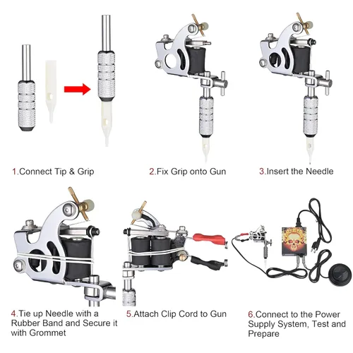 Miniatura 7 de AW Kit de tatuaje completo, 4 máquinas, 40 tintas, fuente de alimentación, pistola de 10 vueltas, interruptor de pie de punta de agarre de aguja