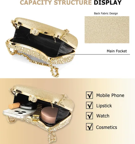 Miniatura 6 de Bolso de noche para mujer, bolso de mano con diamantes de imitación, brillante para fiesta, bolso de hombro, bolsa de boda con cadena