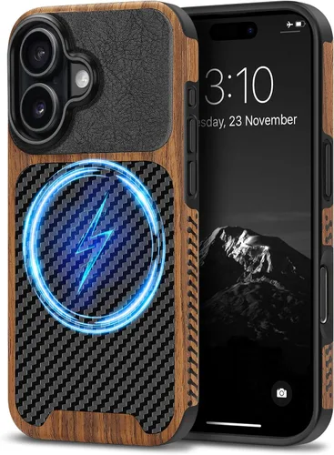 Miniatura 46 de TENDLIN Compatible con iPhone 17 Pro Max Funda de madera con textura de fibra de carbono Diseño de cuero híbrido delgado (negro)